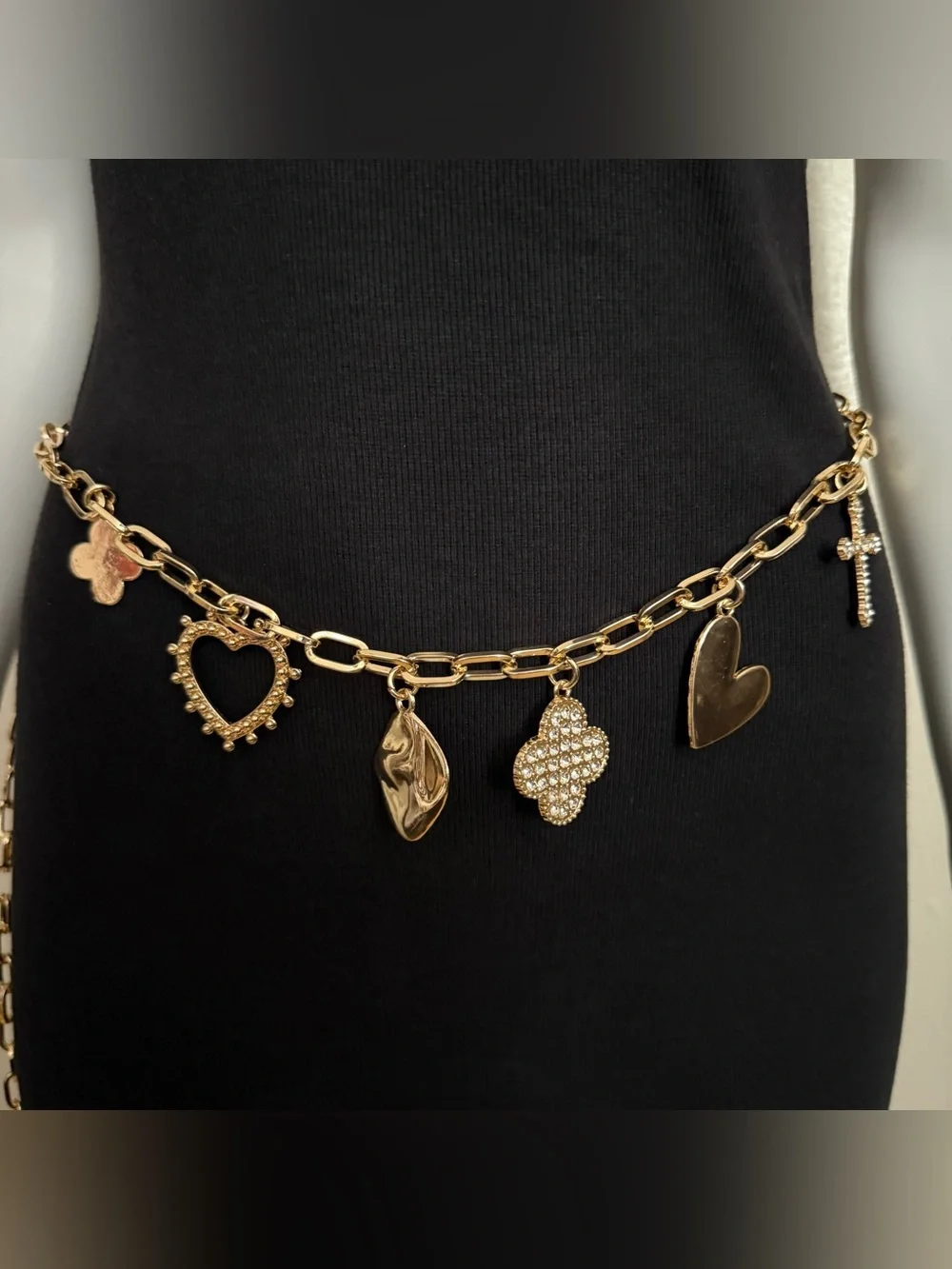 Gold tone metallic charms skinny chain belt
